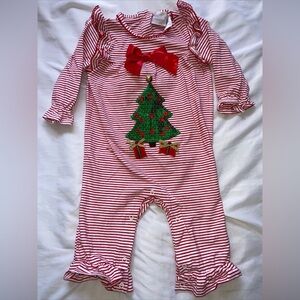 Iris & Ivy Size 18M Baby Snaps Ruffles Sequin Tree Presents Red White Stripe